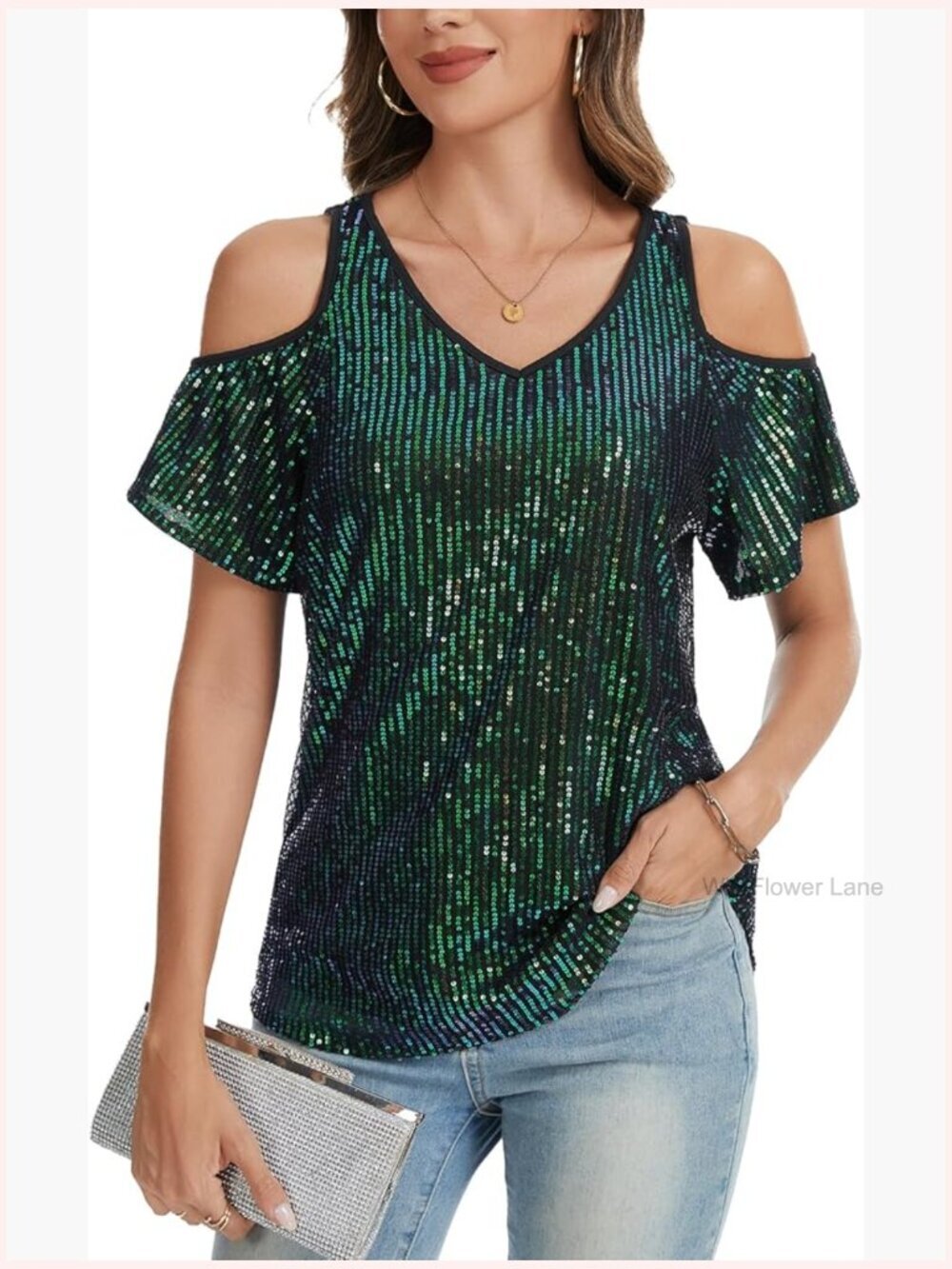 V Neck Cold Shoulder Sequined Blouse Glitter Party Top Short Sleeve Sparkly